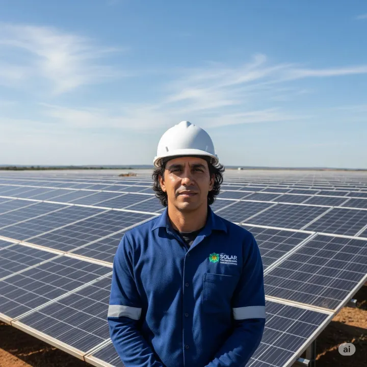 Especialistas em homologação e projetos de energia fotovoltaica. Um integrador de braços cruzados , ao fundo uma usina solar instalada e gerando energia conforme a concessionaria